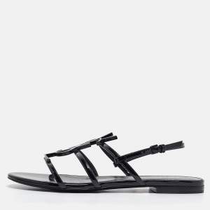 مملوكة مسبقًا Saint Laurent Black Patent Leather Cassandra Flat Sandals Size 36.5