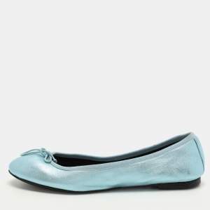 Saint Laurent Metallic Blue Leather Bow Ballet Flats Size 36