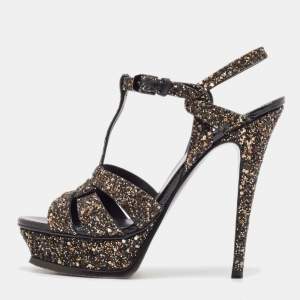 Pre Owned Saint Laurent Black Glitter Tribute Platform Sandals Size 38.5