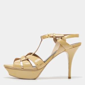 Saint Laurent Paris Beige Patent Leather Tribute Platform Ankle Strap Sandals Size 41