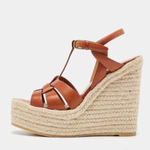 Saint Laurent Tan Leather Tribute Wedge Espadrille Sandals Size 37