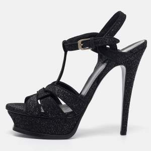 Saint Laurent Black Textured Suede Tribute Platform Sandals Size 38.5