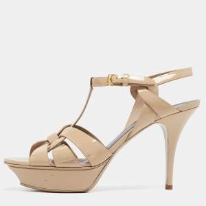 Saint Laurent Cream Patent Leather Tribute Platform Sandals Size 40.5