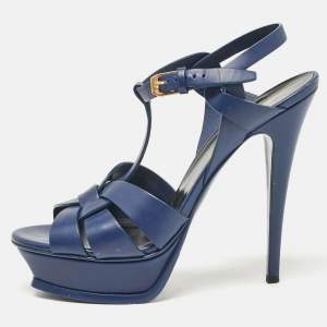 Saint Laurent Navy Blue Leather Tribute Platform Sandals Size 39.5