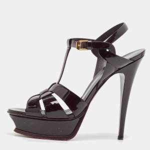 Saint Laurent Dark Burgundy Patent Leather Tribute Platform Sandals Size 39