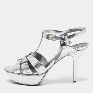Saint Laurent Sliver Croc Embossed Leather Tribute Platform Sandals Size 38.5