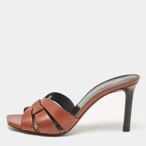 Saint Laurent Brown Leather Tribute Slide Sandals Size 35.5