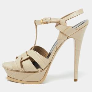Saint Laurent Beige Croc Embossed Leather Tribute Platform Sandals Size 40