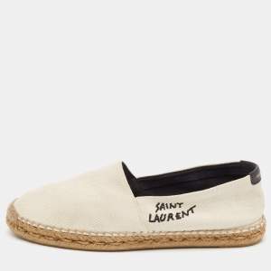 Saint Laurent Off White Canvas Embroidered Logo Espadrille Flats Size 40