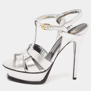 Saint Laurent Silver Leather Tribute Sandals Size 38