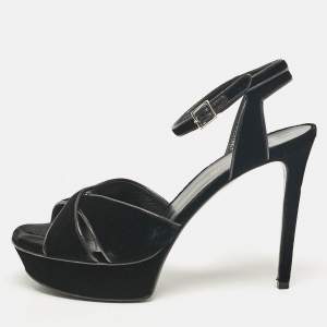 Saint Laurent Black Velvet Bianca Ankle Strap Sandals Size 39
