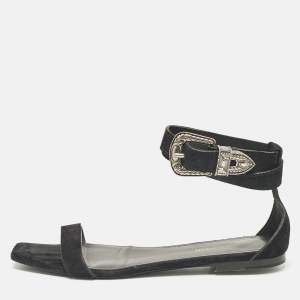 Saint Laurent Black Suede Ankle Strap Flat Sandals Size 39