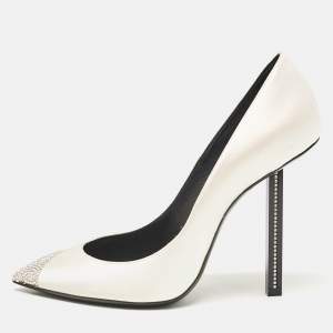 Saint Laurent Grey Satin Crystal Embellished Pointed Toe Pumps Size 39