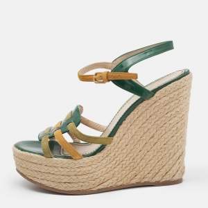 Saint Laurent Green Patent Leather and Suede Tribute Wedge Sandals Size 38.5