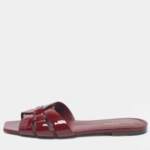 Saint Laurent Burgundy Patent Leather Tribute Flat Slides Size 40