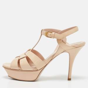 Pre Owned Saint Laurent Beige Patent Leather Tribute Sandals Size 37.5