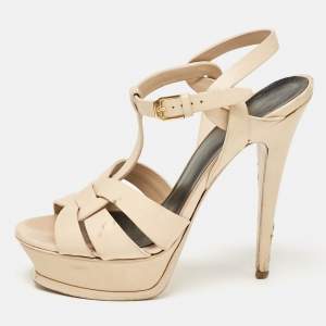 Saint Laurent Beige Leather Tribute Platform Sandals Size 37