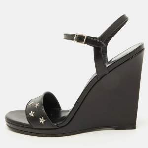 Saint Laurent Black Stars Leather Ankle Strap Wedge Sandals Size 39.5