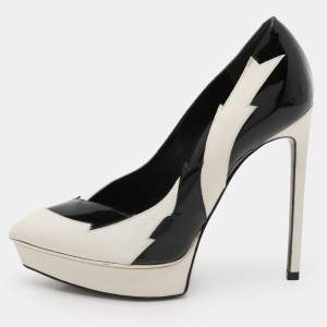 Saint Laurent Paris White/Black Leather and Patent Leather Janis Pumps Size 35.5