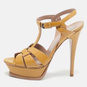 Saint Laurent Beige Patent Leather Tribute Platform Sandals Size 36