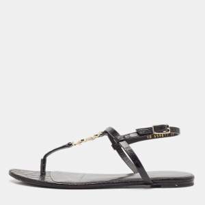 Saint Laurent Black Croc Embossed Leather Cassandra Flat Sandals Size 39