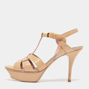 Pre Owned Saint Laurent Beige Patent Leather Tribute Platform Sandals Size 38.5