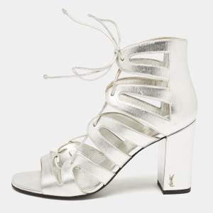 Saint Laurent Silver Leather Babes Lace Up Sandals Size 38