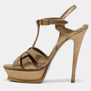 Saint Laurent Gold Leather Tribute Platform Sandals Size 39