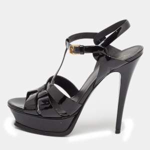 Saint Laurent Black Patent Leather Tribute Ankle Strap Sandals Size 38.5