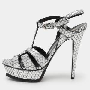 Saint Laurent Paris Silver Python Embossed Leather Tribute Platform Sandals Size 38.5