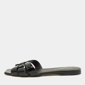 Saint Laurent Black Patent Leather Tribute Flat Sandals Size 37.5
