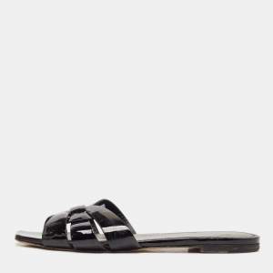 Saint Laurent Black Patent Leather Tribute Flat Slides Size 38