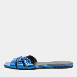 Saint Laurent Metallic Blue Leather Tribute Flat Sandals Size 41