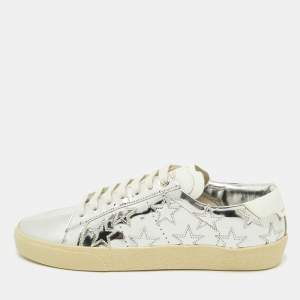 Saint Laurent Silver/White Leather Star Alpha Low Top Sneakers Size 38