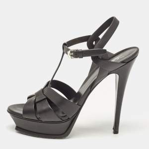 Saint Laurent Black Leather Tribute Platform Ankle Strap Sandals Size 41
