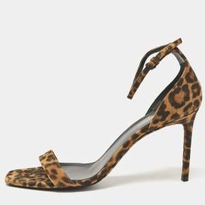Saint Laurent Brown Leopard Print Suede Ankle Strap Sandals Size 42
