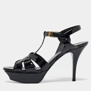 Saint Laurent Black Patent Leather Tribute Platform Sandals Size 38.5
