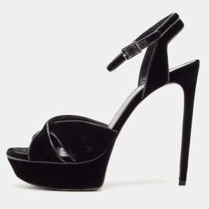 Saint Laurent Black Velvet Tribute Ankle Strap Sandals Size 41