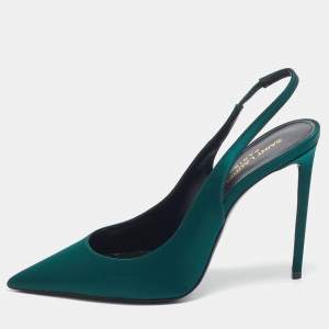 Saint Laurent Green Satin Zoe Slingback Pumps Size 38