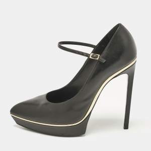 Saint Laurent Black Patent Leather Pointed Toe Ankle Strap Platform Pumps Size 40.5