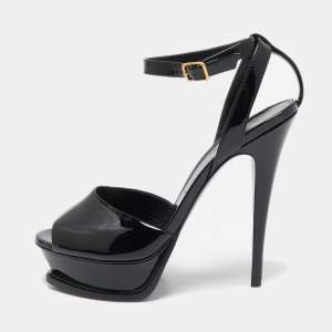 Saint Laurent Black Patent Leather Jodie Platform Ankle Strap Sandals Size 40
