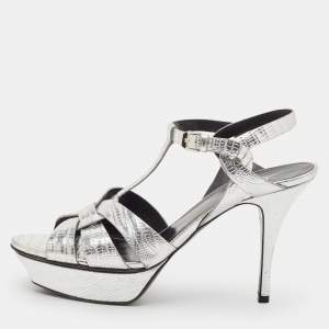 مملوكة مسبقًا Saint Laurent Silver Lizard Embossed Leather Tribute Sandals Size 41