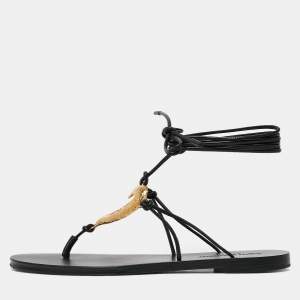Saint Laurent Black Leather Love Ankle Tie Flat Sandals Size 37