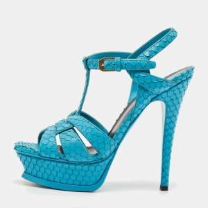 Pre Owned Saint Laurent Turquoise Blue Python Tribute Sandals Size 36