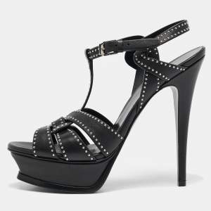 Saint Laurent Black Studded Leather Tribute Platform Sandals Size 38.5