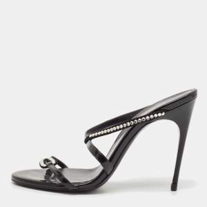 Saint Laurent Black Suede and Patent Leather Crystal Slide Sandals Size 37.5