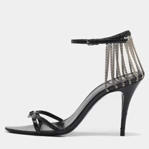 Saint Laurent Black Snakeskin Leather Chain Ankle Strap Sandals Size 37