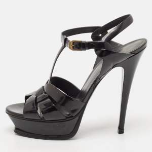 Saint Laurent Black Patent Leather Tribute Platform Ankle Strap Sandals Size 40