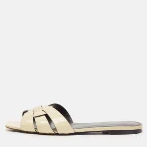 Saint Laurent cream Patent Leather Tribute Flat Slides Size 39.5