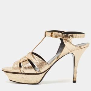 مملوكة مسبقًا Saint Laurent Gold Lizard Embossed Leather Tribute Ankle Strap Sandals Size 39.5